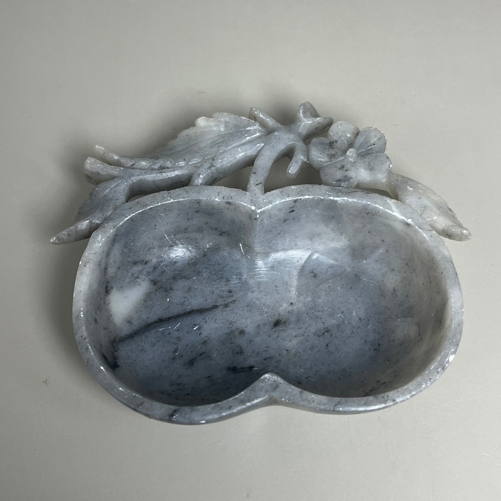 Vtg Gray Hand Carved Soapstone Peach Apple Trinket Dish Floral Leaf Ring Tray 4"